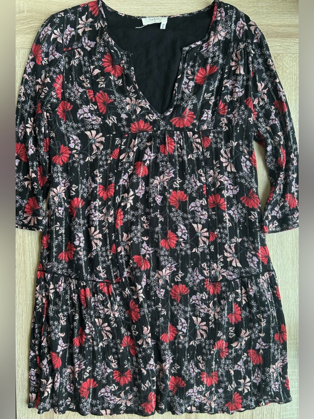 ba&sh Black Dress with Red and Pink Floral Accents